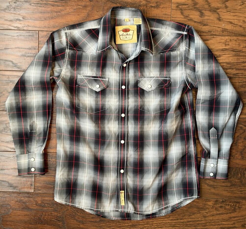 Larry Mahan Youth Large Plaid Pearl Snap Western Shirt Black Gray Red Cowboy